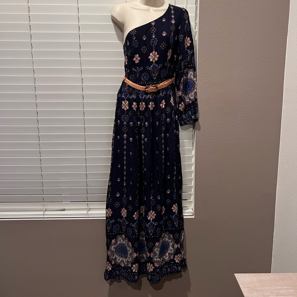 One-Shoulder Navy Floral Maxi Dress with Belt